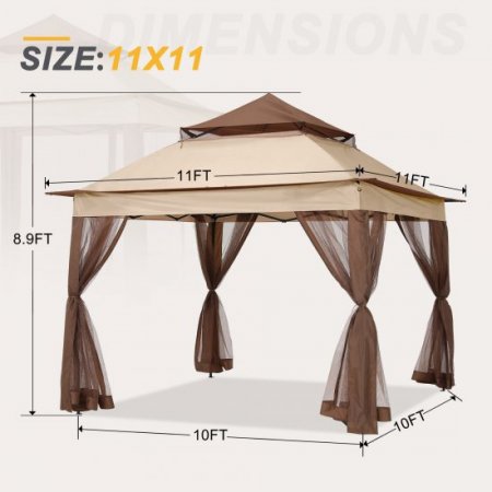 ABCCANOPY 11'x11' Gazebo Tent Outdoor Pop up Gazebo Canopy Shelter with Mosquito Netting, Khaki