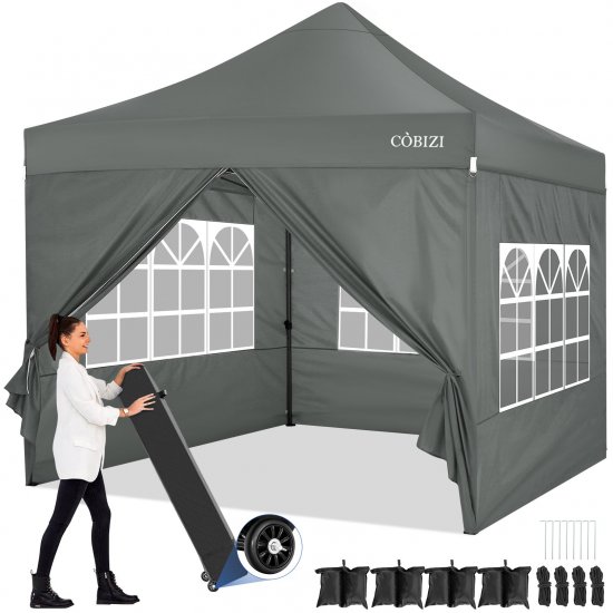 10\' x 10\' Pop Up Canopy Tent Heavy Duty Waterproof Adjustable Commercial Instant Canopy Outdoor Party Canopy with 4 Removable Sidewalls, Roller Bag, 4 Sandbags, Gray