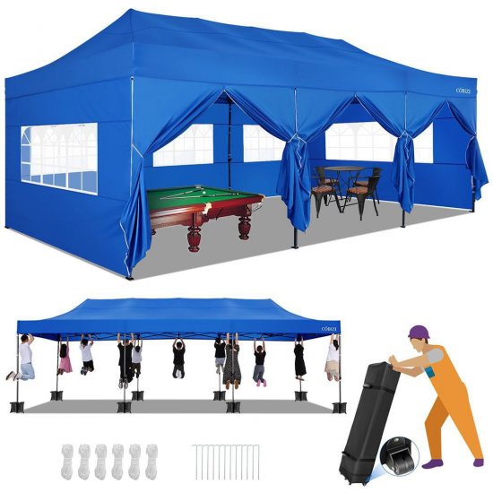 10\'x30\' Canopy Heavy Duty Pop Up Canopy Tent Outdoor Gazebo Shelter Portable Instant Commercial Tent with 8 Removable Sidewalls&3 Heigh Adjustable&Roller Bag,Blue