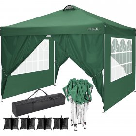 10' x 10' Canopy Tent Party Tent UV/Sun/Rain Protection Straight Leg Instant Pop Up Canopy Tent, Height Ajustable Beach Shade Tent Gazebo w/4 Removable Sidewalls, Carry Bag, 4 Sandbags, Green