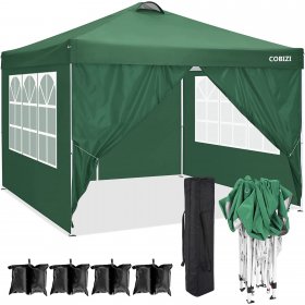 10' x 10' Outdoor Canopy Tent Ez Pop-up Party Canopy Tent with 4 Removable Sidewalls & 4 Sandbags & Carry Bag, for 10-15 People, Green