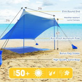Costway Family Beach Tent Canopy w/ 4 Poles Sandbag Anchors 7'x7
