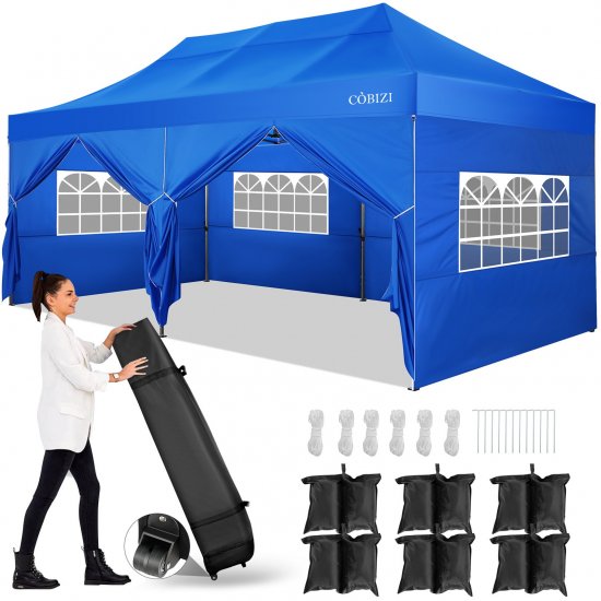 10\' x 20\' Pop Up Canopy Tent Instant Outdoor Canopy Straight Leg Shelter Adjustable Height Waterproof Gazebo with 6 Removable Sidewalls, Roller Bag, 6 Sandbags for Party Wedding Picnics Camping, Blue