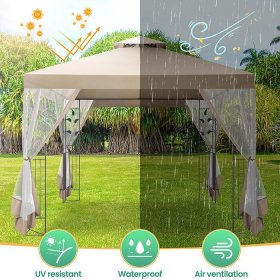 Outdoor Gazebo Canopy with 4 Detachable Mosquito Nets, UV and Rainproof Gazebo Patio Easy to Assemble with Double Eaves, Top Drainage Hole Design, Suit for Terrace, Lawn, Garden