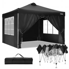 10' x 10' Straight Leg Pop-up Canopy Tent Easy One Person Setup Instant Outdoor Canopy Folding Shelter with 4 Removable Sidewalls, Air Vent on The Top, 4 Sandbags, Carrying Bag, Black