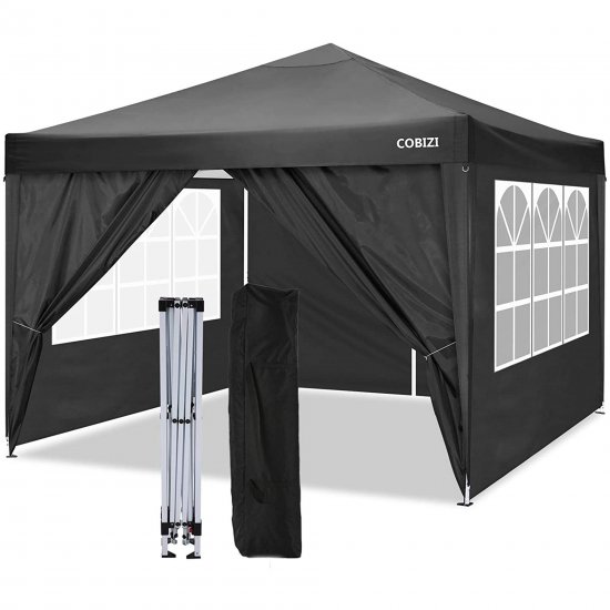 10\'x10\' EZ Pop Up Canopy Tent, Portable Outdoor Party Canopy, Instant Folding Commercial Gazebo Canopy, Height Adjustable for Party Market Beach Backyard with Carry Bag & 4 Removable Sidewalls, Black