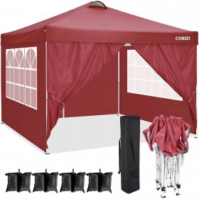 10' x 10' Outdoor Canopy Tent Ez Pop-up Party Canopy Tent with 4 Removable Sidewalls & 4 Sandbags & Carry Bag, for 10-15 People, Red