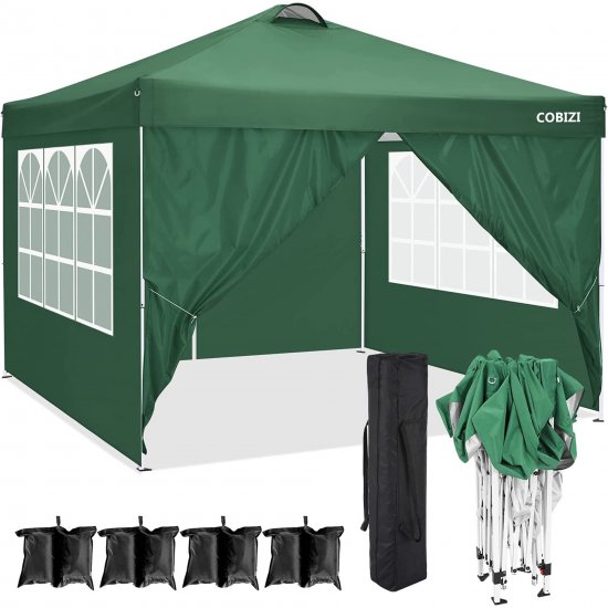 10\' x 10\' Outdoor Canopy Tent Ez Pop-up Party Canopy Tent with 4 Removable Sidewalls & 4 Sandbags & Carry Bag, for 10-15 People, Green