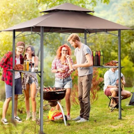 COBIZI 8x5ft Grill Gazebo, Portable Double-Tier Outdoor BBQ Gazebo Canopy Tent with 2-Tied Grill,12 Hooks,Extra Bottle Opener and 4 Free LED Lights for Patio Party Backyard Barbecue(Brown)