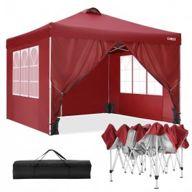 10'x10' Canopy Party Tent Popup Canopy Commercial Instant Canopies Gazebo, Outdoor Canopy Tent with 4 Removable Sidewalls, Carry Bag, 8 Stakes, 4 Ropes, 4 Sandbags (Red)