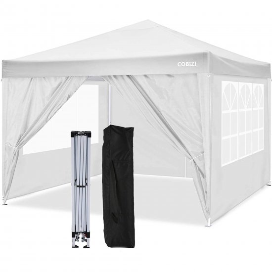 10\'x10\' EZ Pop Up Canopy Tent, Portable Outdoor Party Canopy, Instant Folding Commercial Gazebo Canopy, Height Adjustable for Party Market Beach Backyard with Carry Bag & 4 Removable Sidewalls, White