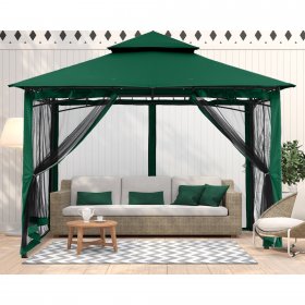 ABCCANOPY 11x11 Patio Gazebos for Patios Double Roof Soft Canopy Garden Gazebo with Mosquito Netting for Shade and Rain, Forest Green