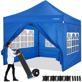 10 x 10ft Pop Up Canopy Tent Instant Outdoor Party Heavy Duty Canopy Straight Leg Commercial Gazebo Tent Shelter with 4 Removable Sidewalls, 4 Sand Bags, Roller Bag, Blue