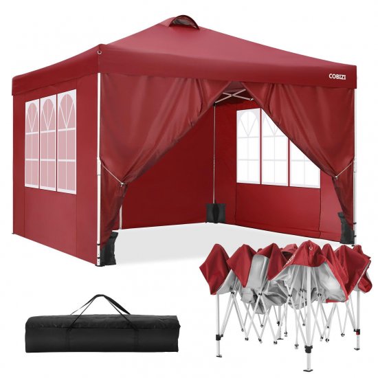 10\'x10\' Canopy Party Tent Popup Canopy Commercial Instant Canopies Gazebo, Outdoor Canopy Tent with 4 Removable Sidewalls, Carry Bag, 8 Stakes, 4 Ropes, 4 Sandbags (Red)